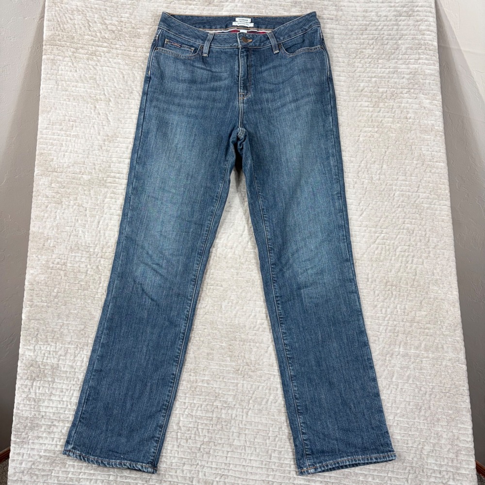 LL Bean Favorite Fit Flannel Lined Straight Leg Jeans Blue Plaid Size 6 Reg